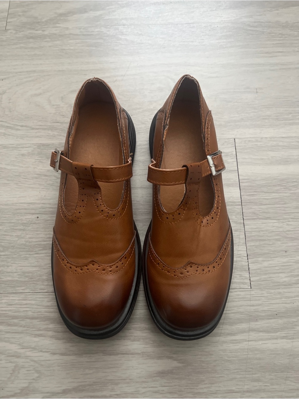 Brown Mary Jane Wingtip Brogue Oxford Shoes Chunky Heel